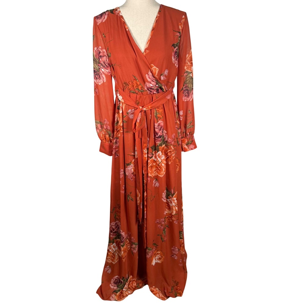 Baltic Born Floral Maxi Dress Womens Large Rust Orange Chiffon Boho Wrap Wedding